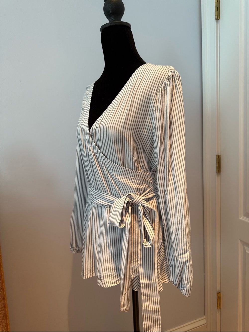 LOFT Striped Wrap Blouse in White and Navy
